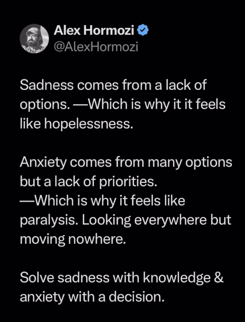 Alex Harmozi Instagram Post on Analysis Paralysis by combination of Sadness/depression and Anxiety.